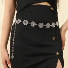 西部風綠松石Concho腰鍊，復古古銀花卉橢圓石腰帶，波希米亞風可調節身體鍊，適合女裝洋裝牛仔褲大尺碼，1件 - 銀色 - 查看 13