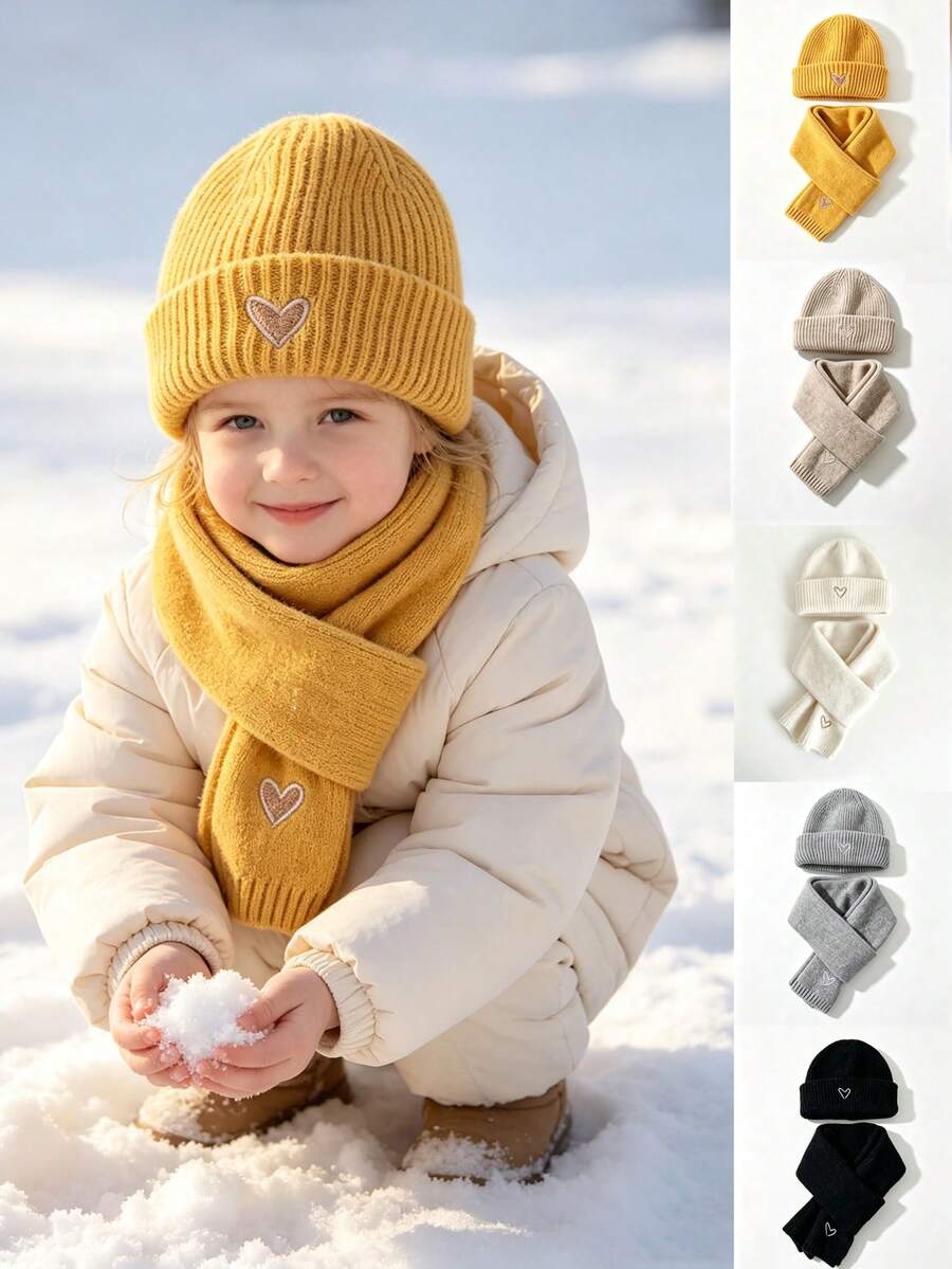 Winter Kids Hat & Scarf Set, Heart Embroidered Knitted Woolen Beanie, Unisex Baby Outdoor Hat - Multicolor - View 1