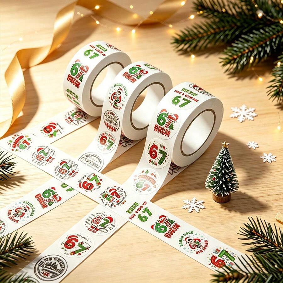 500pcs/Roll Christmas Round Roll Stickers, Holiday Gift Sealing Labels, Self-Adhesive Vinyl Labels, Suitable For Planner, Scrapbook And DIY Decoration