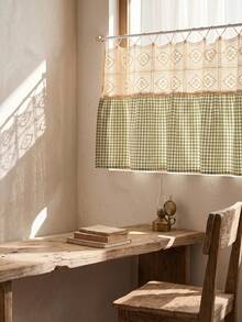 1/2pcs Green & White Plaid Patchwork Beige Hollow Woven Half Curtain, Fresh Country Style, Rectangular Top Hollow Lace & Bottom Scalloped Edge Detail, Shading & Decorative Function, Suitable For Kitchen Windows & Fresh Home Decor - Green - View 6