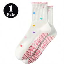 1/2/3/6 Pairs Women's Grip Pilates Socks, Cute Ruffle Trim Heart Pattern Mid-Calf Yoga Socks, Indoor Floor Slipper Socks Suitable For Gym, Workout & Running, Christmas Gift. - Multicolor - View 14