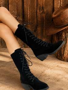 Women Fashion Boots, Lace Up Ankle Boots With Block Heel - Black - View 3