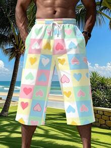 Pastel Heart Print Men's Seven-Point Pants, Casual Straight Leg Cropped Trousers, Colorful Checkerboard Pattern, Beach Vacation Summer Wear - Multicolor - View 1