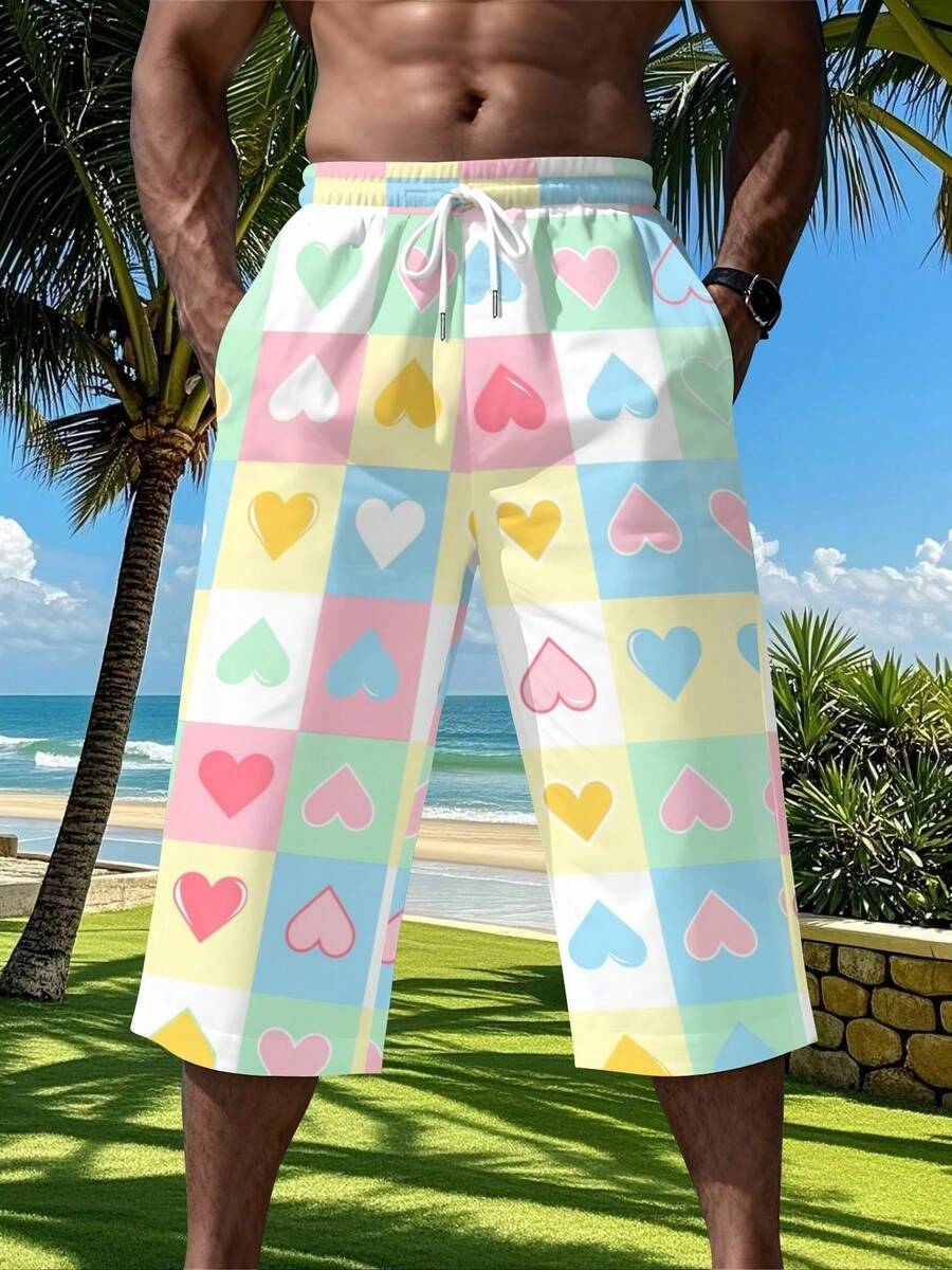 Pastel Heart Print Men's Seven-Point Pants, Casual Straight Leg Cropped Trousers, Colorful Checkerboard Pattern, Beach Vacation Summer Wear - Multicolor - View 1