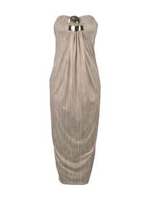Women's Solid Color Strapless Maxi Dress With Metal Decoration And Pleats, Suitable For Birthday Party, Formal Dinner, Wedding - Apricot - View 3