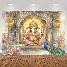1 Oversize Background Banner With Bright Watercolor Temple Pattern, Containing Peacock And Flower Elements, Durable Polyester Fabric Is Suitable For Indoor And Outdoor Decoration Of Wedding And Birthday Parties Without Electricity. - 1 - View 5