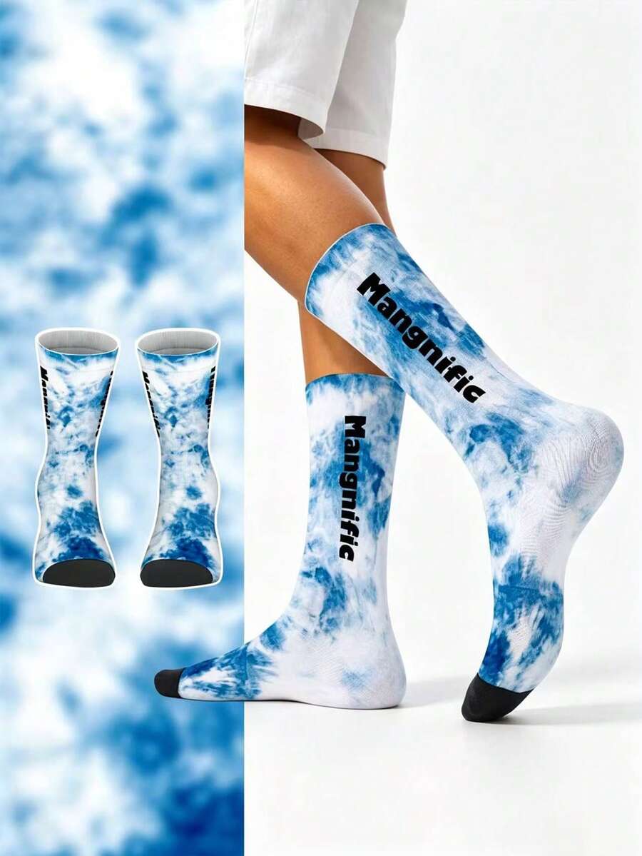 1 Pair Blue & White Tie-Dye Letter Print Mid-Calf Socks, American Street Style Unisex Socks, Casual Versatile For Back To School, Autumn - Multicolor - View 1
