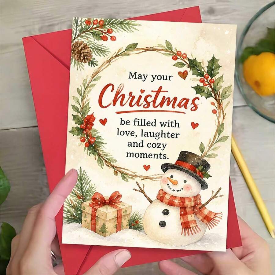 1 Greeting Card + 1 Envelope Lovely Christmas Greeting Card, Snowman With Gift Box "May Your Christmas Be Filled With Love" For Friends, Winter Festive Watercolor Style.