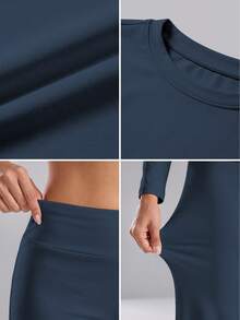 Women's Long Sleeve Slim-Fit Top And Wide Leg Pants Set, High Stretch, Breathable Two Pieces Outfit For Fall And Winter - Navy Blue - View 11