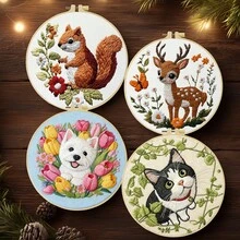 1件 20*20cm/7.9*7.9in 貓/狗/鹿/松鼠刺繡套件，DIY手工刺繡套裝，適合成人初學者，居家禮物，女性縫紉禮物，含使用說明書、印花布料、刺繡框、針與線 - A - 查看 3