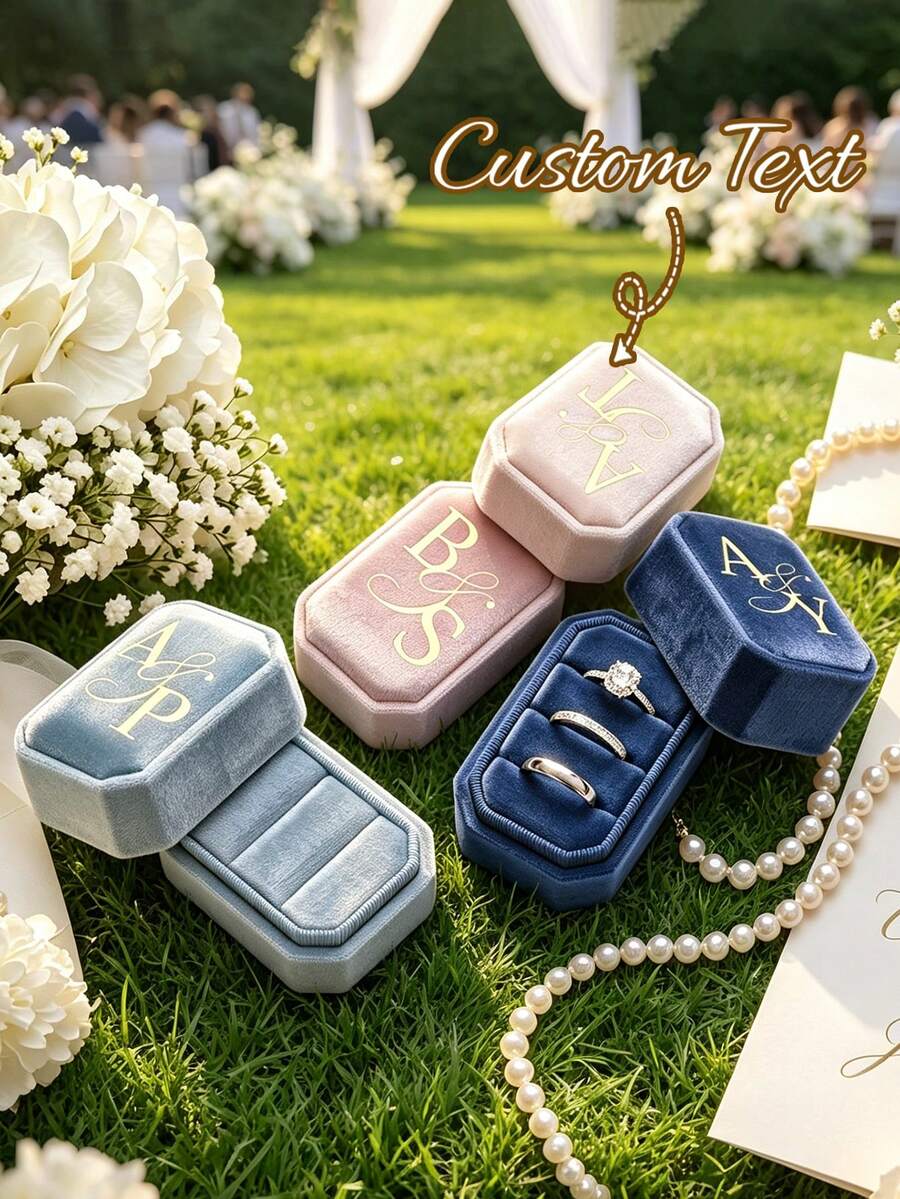 Personalized Velvet Wedding Ring Box,Custom Double Slot Ring Bearer Holder, Proposal Ring Box, Unique Two Ring Box, Handmade Jewelry Organizer, Custom Wedding Merch,Wedding Ring Holder,Ring Box, For Her - Multicolor - View 1