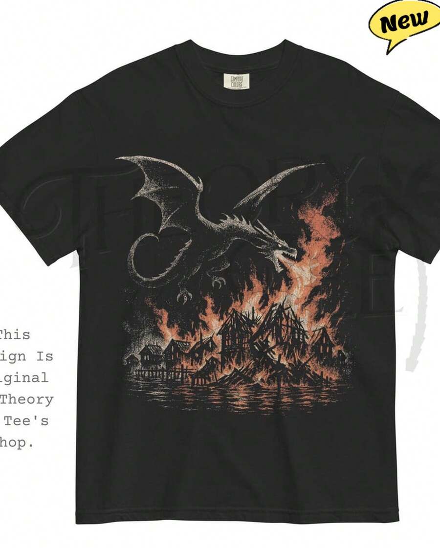 Dragon Shirt, Lake Fire Shadow Fantasy Design, Tops, Streetwear, Unisex - 黑色 - 查看 1