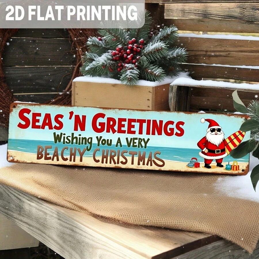 1pc Vintage Ocean Greeting Wishing You A Very Beachy Christmas Metal Sign, Beach Christmas Theme Wall Hanging, Retro Wall Decor, Suitable For Christmas Decoration, Living Room, Bedroom, Entryway, Decorative Sign, 3.93x15.74 Inches - A - View 1