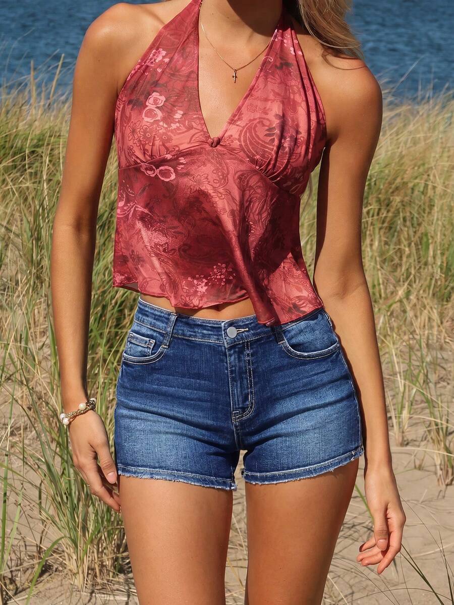 Women's Sexy Straight Leg Denim Shorts, Casual Short Length, With Pockets And Button Zipper, Slightly Elastic, Suitable For Summer Wear