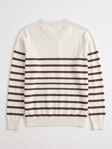 Men's Colorblock Horizontal Stripe Crew Neck Knit Sweater, Vintage Colorblock Long Sleeve Pullover, Casual Commute Versatile Inner Layer Top - Khaki - View 2