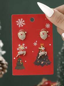 Set 4 buah Anting Tusuk Berlian Imitasi Santa Claus & Rusa Natal - beraneka warna - View 4