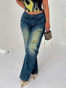 Women's Distressed Vintage Ripped Straight Leg Denim Jeans - Navy Blue - View 4
