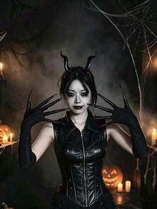 暗黑女巫服裝套裝 黑色惡魔角髮箍 羽毛天使之翼 長爪手套 哥德風 Cosplay 配件 邪惡女王派對裝扮 - 彩色 - 查看 4