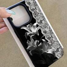1pc TPU Material Vintage Black & White Lily Lace Dark Pattern Phone Case Compatible With Iphone 17 Pro Max/17/16 Pro Max/15/13/12/11/ S20 FE/A15/S24/A55/ Note 11/Note 12/Note 13 Pro Full Coverage Anti-Drop Soft Shell Phone Protective Cover - Black - View 4