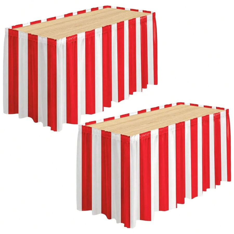 1 Set Red And White Striped Carnival Circus Table Skirt - Essential Themed Birthday Party Decoration - multicolor - View 1