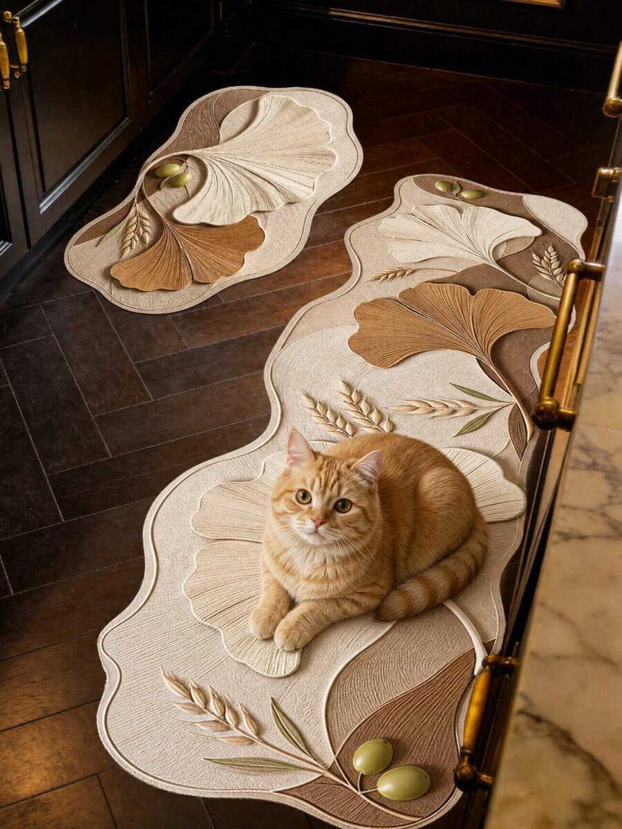 1/2 buah Keset Dapur Motif Daun Ginkgo Warna Krem, Karpet Ruang Tamu, Karpet Ruang Tamu Kecil, Karpet Kamar Tidur, Dekorasi Rumah Ruang Tamu, Karpet Luar Ruangan, Karpet yang Dapat Dicuci - MultiWarna - View 1