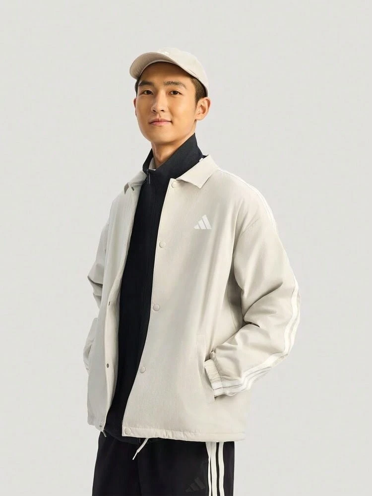 Adidas Men's Casual Streetwear Button Striped Colorblock Pocket Sport Jacket - Beige - View 1