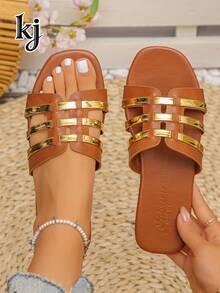 Women's Summer Hollow Metal Strap Flat Slip-On Square Toe Casual Outdoor Beach Sandals - Gold - View 1