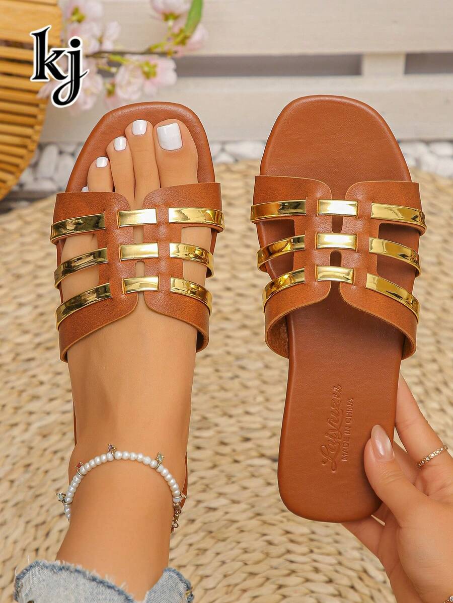 Women's Summer Hollow Metal Strap Flat Slip-On Square Toe Casual Outdoor Beach Sandals - Gold - View 1