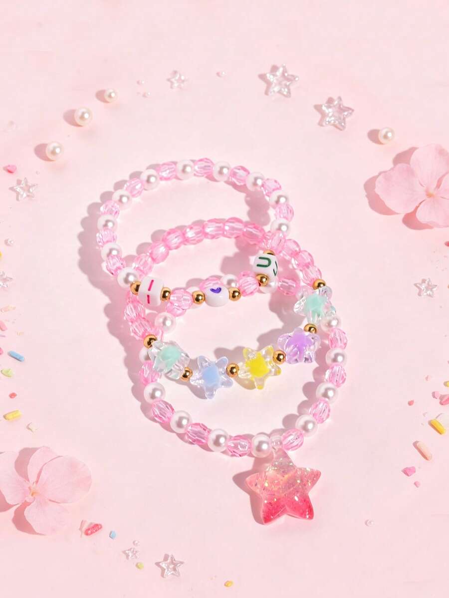 3pcs/Set Macaron Beaded Bracelet With Cute Pendant, Girls Daily Wear Decorative Jewelry Gift - one-size - View 1