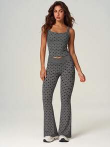UONNOU 2pcs Polka Dot Square Neck Criss-Cross Back Camisole + Criss-Cross Waist Flare Pants Sports Set - Grey - View 8