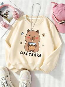 2pcs/Set Girls' Crew Neck Sweatshirt And Flare Pants Set, Printed With Milk Tea Capybara Pattern, Suitable For Autumn/Winter Daily Wear - Multicolor - View 6