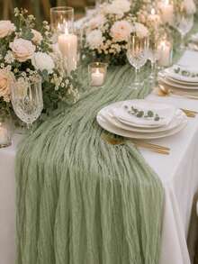 Light Green Ruched Gauze Table Runner, Soft Semi-Transparent Cheesecloth Style Tablecloth Strip, Dense Vertical Pleated Texture, Lightweight Decorative Linen Centerpiece Fabric, Fresh Minimalist Fabric Accent, Suitable For Dining Table Decor And Home Desktop Styling - Green - View 6