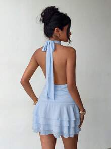 Elegant Halter Neck Backless Mini Dress With Layered Ruffle Hem, Suitable For Summer Parties, Beach Vacations, Daily Outings, Holidays And Graduation Ceremonies - Baby Blue - View 2