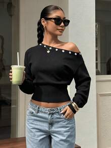 Women's Asymmetric Open Shoulder Button Decor Long Sleeve Cropped Ribbed Knit Sweater, Autumn Y2K Street Style Casual Nightclub Top - Black - View 2