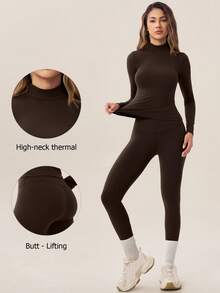 TimeOff Women's One Set Autumn/Winter Solid Color Stand Collar Slim Fit Long Sleeve Leggings Set - Coffee Brown - View 1