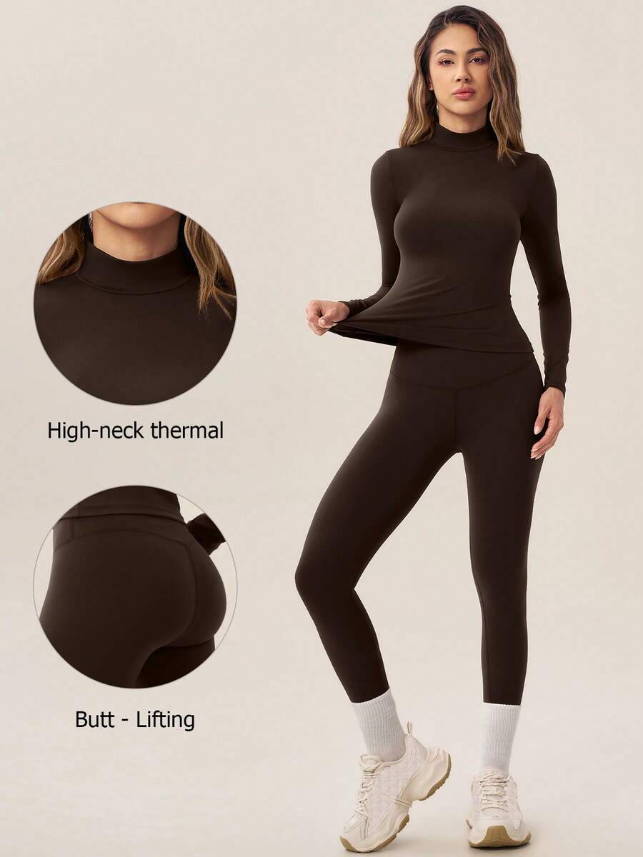 TimeOff Women's One Set Autumn/Winter Solid Color Stand Collar Slim Fit Long Sleeve Leggings Set - Coffee Brown - View 1