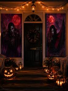 2pcs Halloween Vampire Window Banner, Blood Moon Castle, Bats And Vampire Couple Print Curtain Decor, Suitable For Halloween Party, Haunted House, Living Room, Bedroom And Indoor/Outdoor Holiday Decoration - Vampire - View 3