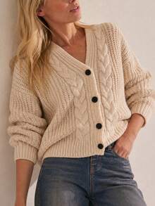 Autumn Vintage Cable Textured V Neck Cardigan, Long Sleeve, Weekend Gathering Halloween Thanksgiving Street Casual Look - Apricot - View 4