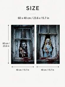 1 Set Bloody Horror Doll Halloween Window Cover, Thriller Style Polyester Rectangular Curtain Fabric With Eerie Boy & Girl, Old Window And Bloodstain Prints, Suitable For Halloween Photo Props, Haunted House, Indoor/Outdoor Decoration, Yard Party And Door/Window Decor - E - View 12