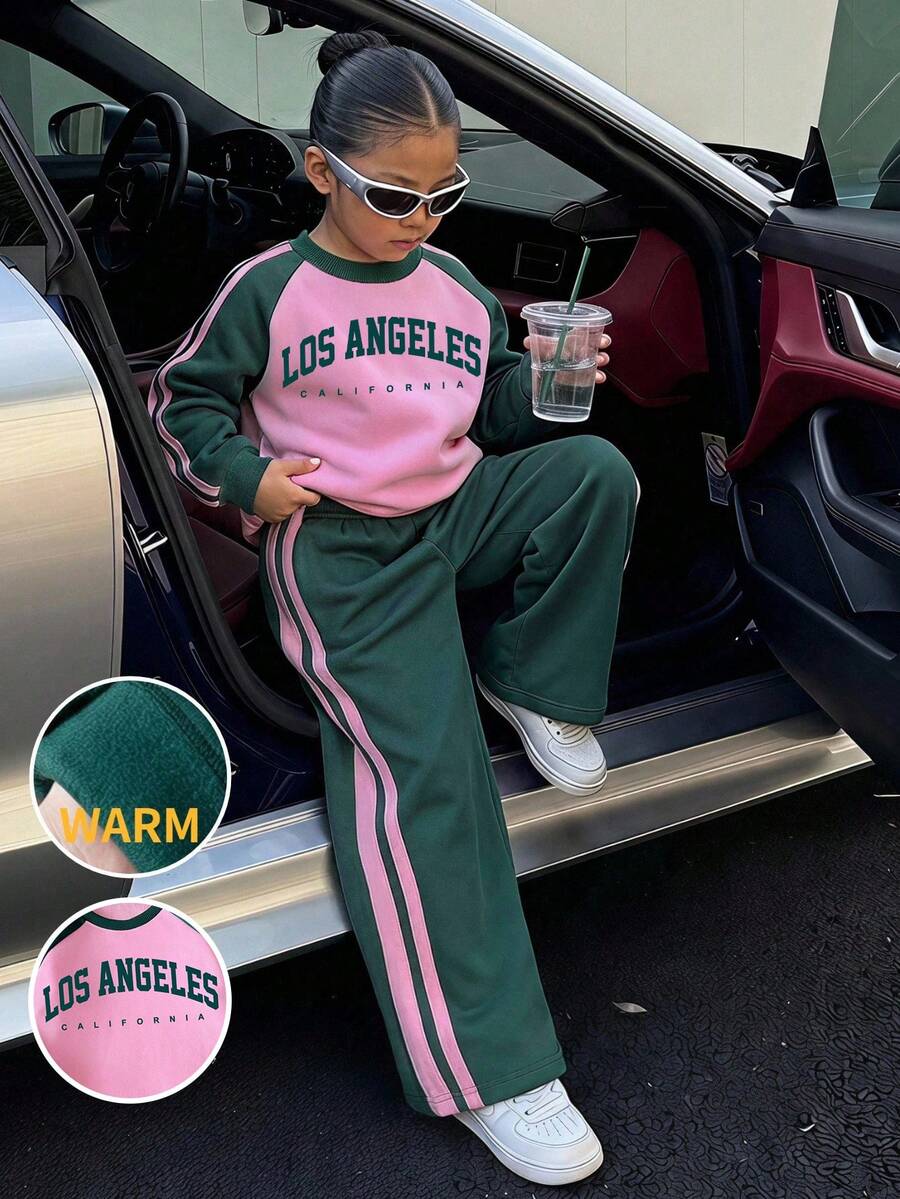 Young Girl Cartoon Letter Print Colorblock Crew Neck Long Sleeve Top And Pants - Dark Green - View 1