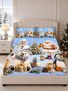 3PCS Winter Christmas Atmosphere Bedding Set, (1PC Fitted Sheet + 2pcs Pillowcases, Pillow Inserts Not Included,) Polyester Digital Print, Cartoon Santa Claus Snowman Penguin Pattern, Cartoon Cozy Christmas Non-Slip Bedding Set, Machine Washable, Bedroom Holiday Home Textile - Multi-color 4 - View 11