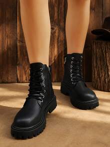 Women Fashion Boots, Lace Up Mid Calf Platform Shoes - Beige - View 5