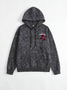 1pc Women's Black Washed Loose Hooded Sweatshirt, Red Rose Skull Vintage Gothic Streetwear Print On Back - Black - View 4