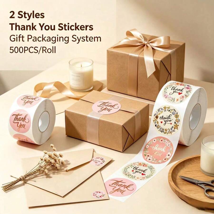 500pcs/Roll Rose Gold Foil Thank You Stickers, Round Self-Adhesive Gift Seal Labels, For Envelopes, Birthday Party, Handmade Crafts, Small Business Packaging, Gift Box Stickers - A - View 1