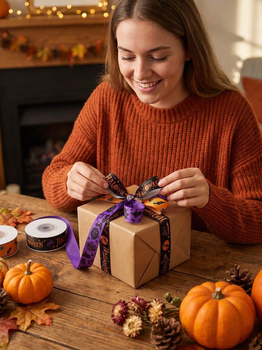 1 Roll (10 Yards/9 Meters) Halloween Decorative Ribbon – Satin Ribbon For Bows And Gift Wrapping; Suitable For Gifting, Halloween Decor, Home Decoration, And Halloween Parties - Multicolor - View 1