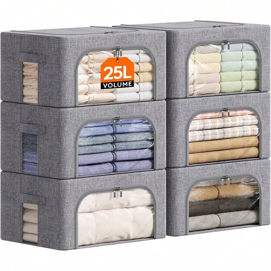 Lifewit Juego de 3 Cajas Rígidas para Armario con Cremallera, Organizador de Armario con Marco Metálico Plegable, Contenedores Apilables para Ropa, Edredones, Colchas, Gris, 75L FU0K - 6 - Ver 1