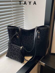 2pcs Set Leopard Print Suede Handbag With Dual Handles, Chic Design For Business Casual Professionals, Work Commuting, Back To School & Holiday Travel - Black - View 2
