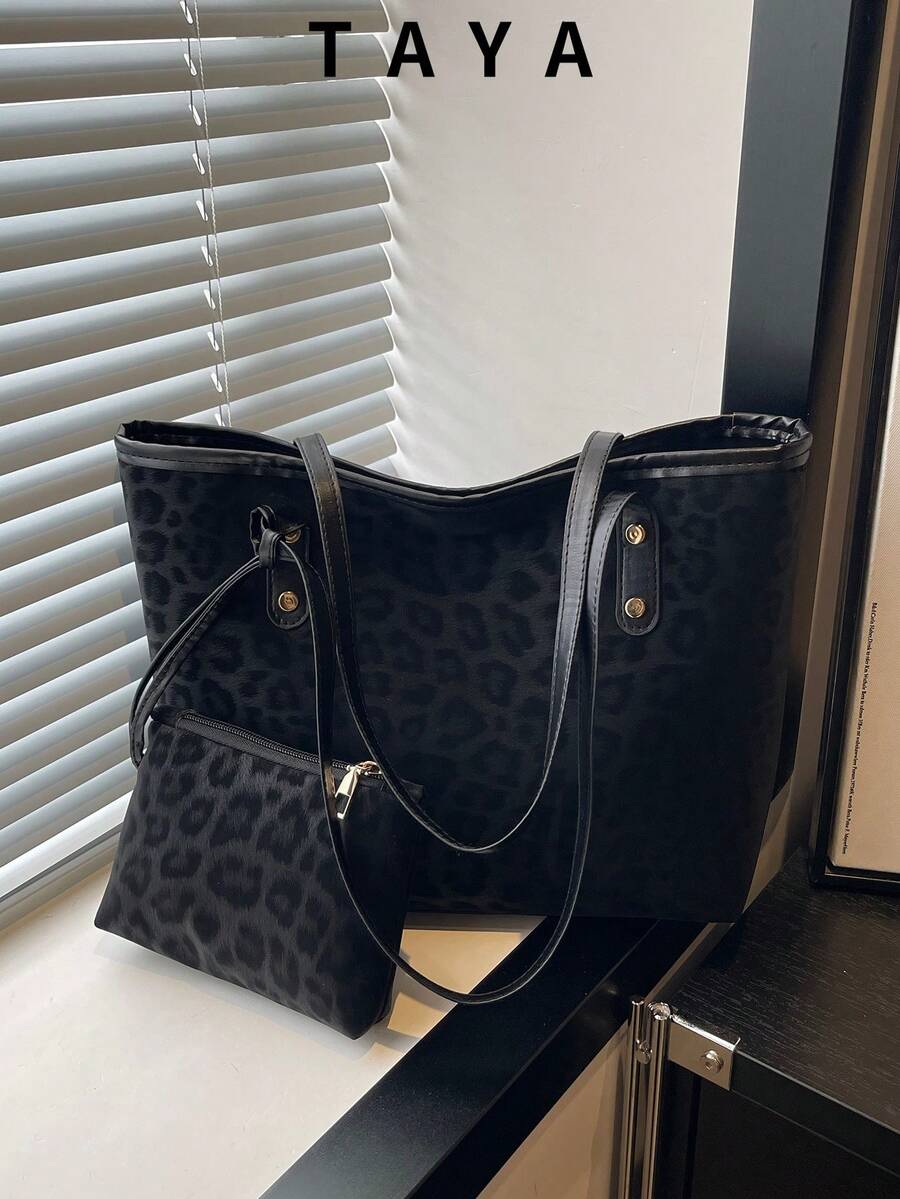 2pcs Set Leopard Print Suede Handbag With Dual Handles, Chic Design For Business Casual Professionals, Work Commuting, Back To School & Holiday Travel
