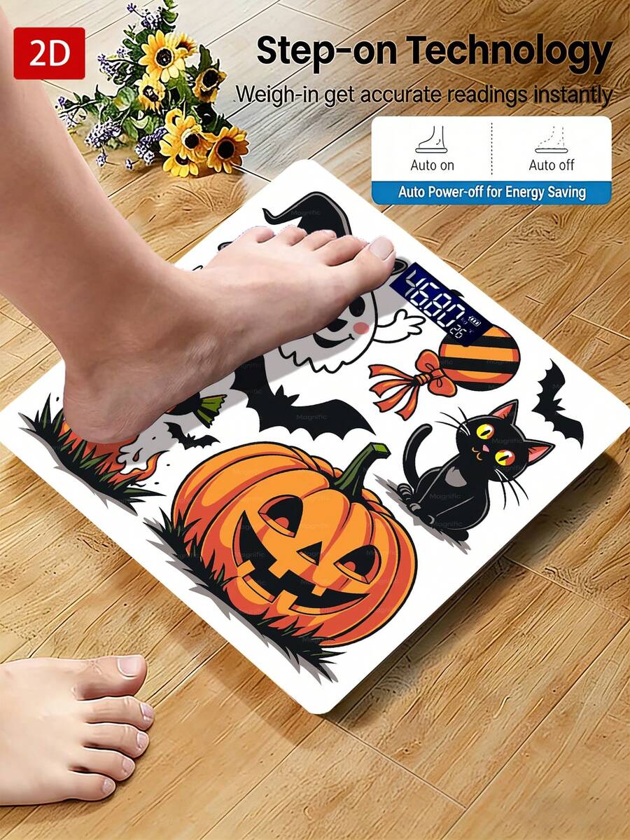 Cute Cartoon Halloween Digital Bathroom Scale, Lantern Pumpkin Black Cat Ghost Bat Candy Pattern Body Weight Scale, Halloween Decor Gift For Home Bathroom Bedroom,Measures Weight Up To 400 Lb/180kg,Tempered Glass Surface,Uses AAA (Not Included)