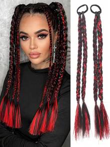 16 Inch Pair Of Synthetic Heat-Resistant Braided Ponytail Extensions With Highlights And Iridescent Sequins, Elastic Band Style, Suitable For Women's Daily Wear, Festivals, Events And Concerts - Multicolor - View 14